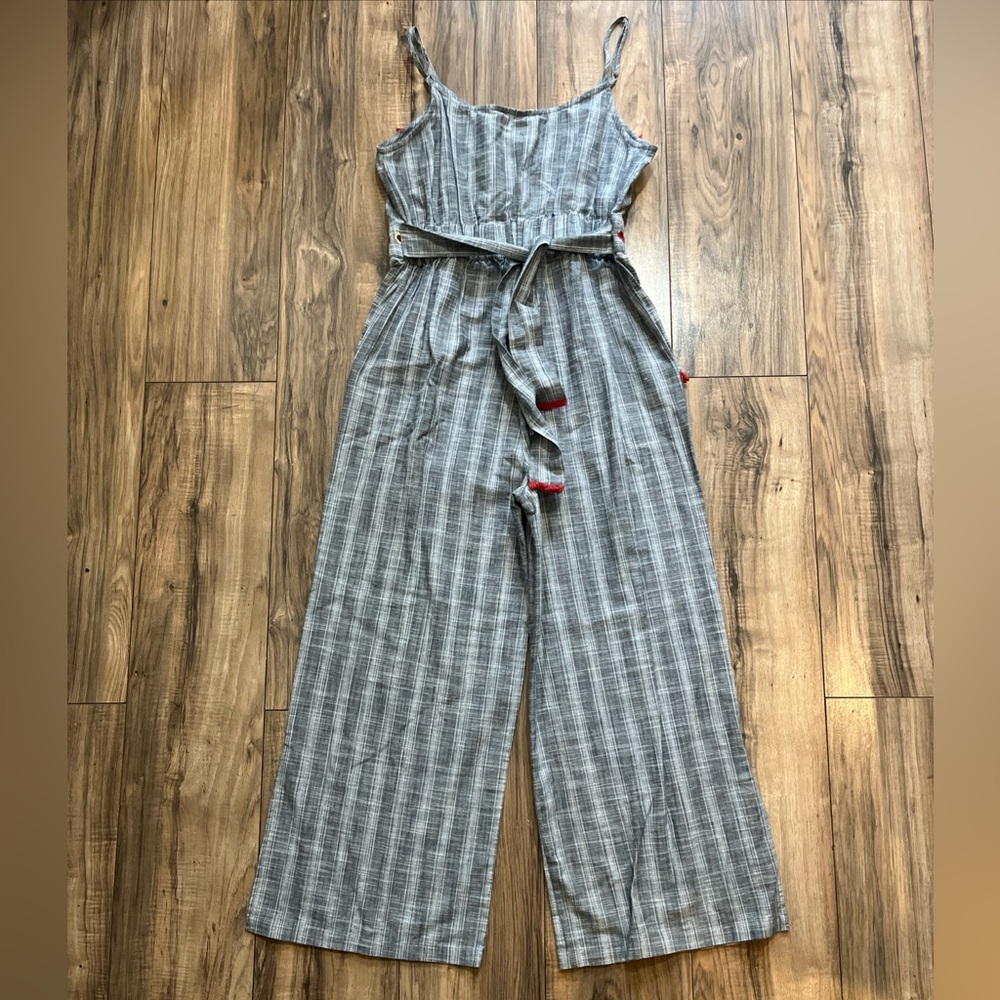 RAGA ANTHROPOLOGIE Plaid Embroidered Detail Fringe Tie Waist Wide Leg Jumpsuit M - Picture 11 of 13